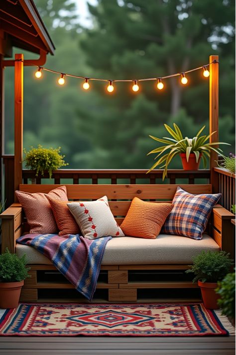 Cozy deck corner with pallet daybed and string lights Diy Deck Decor, Deck Decor Ideas, Contemporary Dining Room Furniture, Pallet Daybed, Outdoor Living Deck, Outdoor Living Diy, Deck Decor, Creative Planter, Potting Table