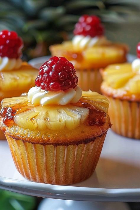 Pineapple Upside-Down Cupcakes: A Sweet Twist on a Classic Dessert Pineapple Rum Cupcakes, Trending Cupcakes, Pineapple Upside Down Cupcake Recipe, Pineapple Upside Down Muffins, Upside Down Pineapple Cupcakes, Upside Down Cupcakes, Pineapple Upside Down Cupcakes, Cake Mix Cupcakes, Pineapple Cupcakes