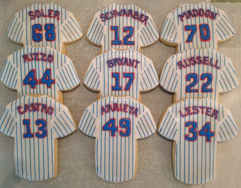 Cubs Cookies, Chicago Bears Jersey, Baseball Cookies, Cubs Baseball, Icing Cookies, Royal Icing Cookies, 40th Birthday, Royal Icing, Hand Decorated