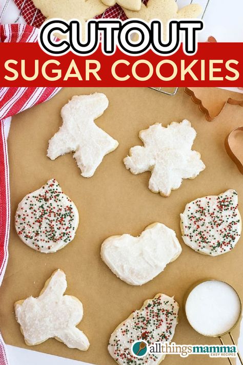 Festive cutout sugar cookies topped with smooth buttercream icing and colorful sprinkles. These cookies are soft, chewy, and perfect for holiday baking and decorating. Easy Sugar Cookie Cutout Recipe, Cookie Cutout Recipe, Cutout Sugar Cookie Recipe, Sugar Cookie Cutout Recipe, Christmas Cutout Cookies, Cut Out Cookie Recipe, Homemade Sugar Cookies, Christmas Cutouts, Festive Cookies