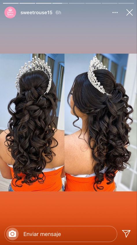 Hair Styles For Quinceañera With Crown, Quince Crowns Flowers, Quince Half Up Half Down Hairstyles With Crown, Hairstyles With Crown Tiaras Quinceanera, Quinceanera Hairstyles With Big Crown, 15 Hair Styles With Crown, Quince Hairstyles Front And Back, Half Up Half Down 15 Hairstyles, Sweet 16 Hairstyles Medium Length