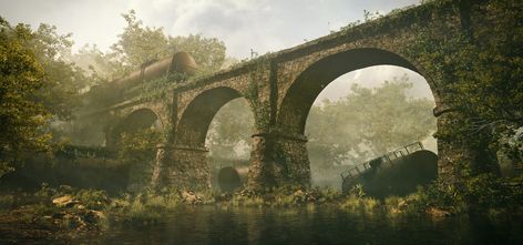 ArtStation - Abandoned Bridge, Greg Zdunek Abandoned Bridge, Apocalypse Landscape, Into The Badlands, Vfx Tutorial, Apocalypse Aesthetic, Abandoned Cities, Plant Zombie, Zombie Art, Location Inspiration