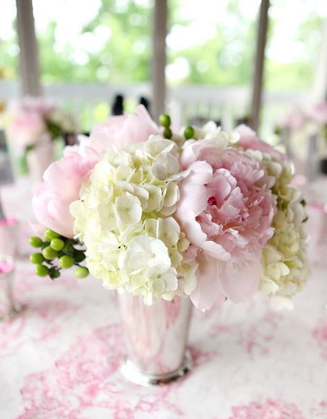 romantic centerpiece bouquets with pink peonies, and white hydrangeas inside mint julep glass vases Mint Julep Floral Arrangements, Peony And Hydrangea Arrangement, Freesia Arrangement, Couple Flowers, Hydrangea Bouquet Wedding, Birthday Flowers Bouquet, Hydrangea Centerpiece, Peonies And Hydrangeas, Bridal Shower Tables