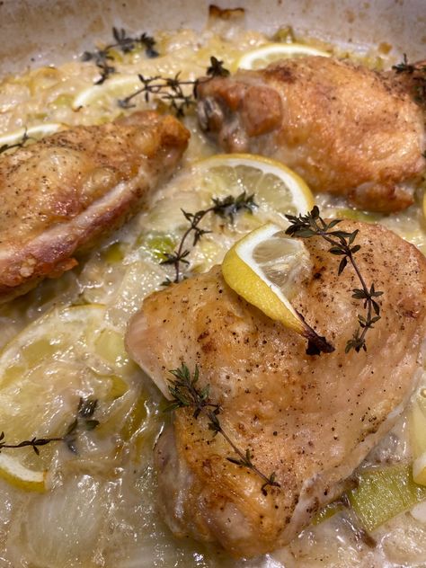 Creamy Chicken Thighs With Lemon And Thyme, Creamy Chicken Thighs, Chicken And Leek Recipes, Ingredient Prep, Ina Garten Chicken, Best Ina Garten Recipes, Lemon Cream Sauces, Leek Recipes, Cooking Basmati Rice