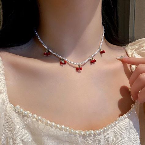 CHERRY PEARL NECKLACE Cherry Pearl Necklace, Cherry Pearl, Cherry Necklace, Dog Store, Pearl Necklaces, Free Socks, Jewelry Fashion Trends, Red Outfit, Over 40