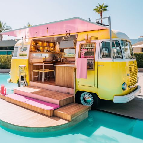 Food Truck Color Ideas, Rv Food Truck, Van Coffee Shop, Retro Food Truck Design, Pink Coffee Truck, Cute Food Trucks, Ice Cream Truck Aesthetic, Vw Bus Food Truck, Pink Food Truck