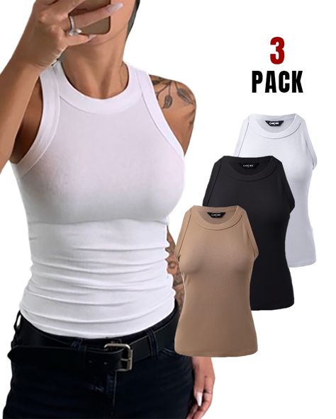 3-Pack Knit Round Neck Thick Strap Racerback Tank Tops Without Bra, Tanks Tops, Striped Vests, Best Tank Tops, Slim Fit Top, Summer Tank Tops, Solid Clothes, Sleeveless Vest, Knitted Tank Top