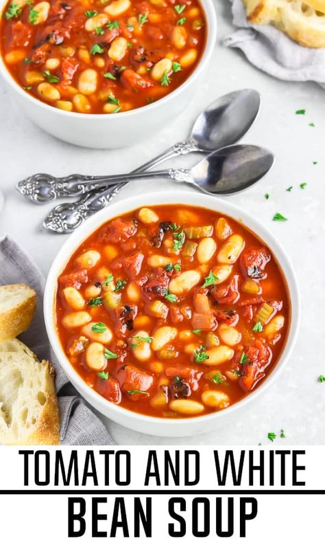 Soups Ideas, Tomato White Bean Soup, Tomato White Bean, Sautéed Veggies, Easy Vegan Soup, Stew And Dumplings, Vegan Grilling, Vegan Soup Recipes, White Bean Soup