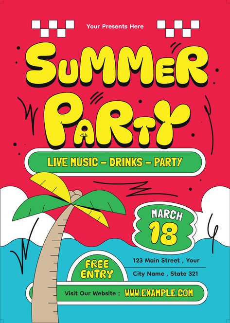 Summer Party Poster, Cold Brew Packaging, Festival Poster Design, Summer Party Flyer, Background Psd, Greeting Poster, Summer Party Invitations, Red Background Images, Adobe Illustrator Design