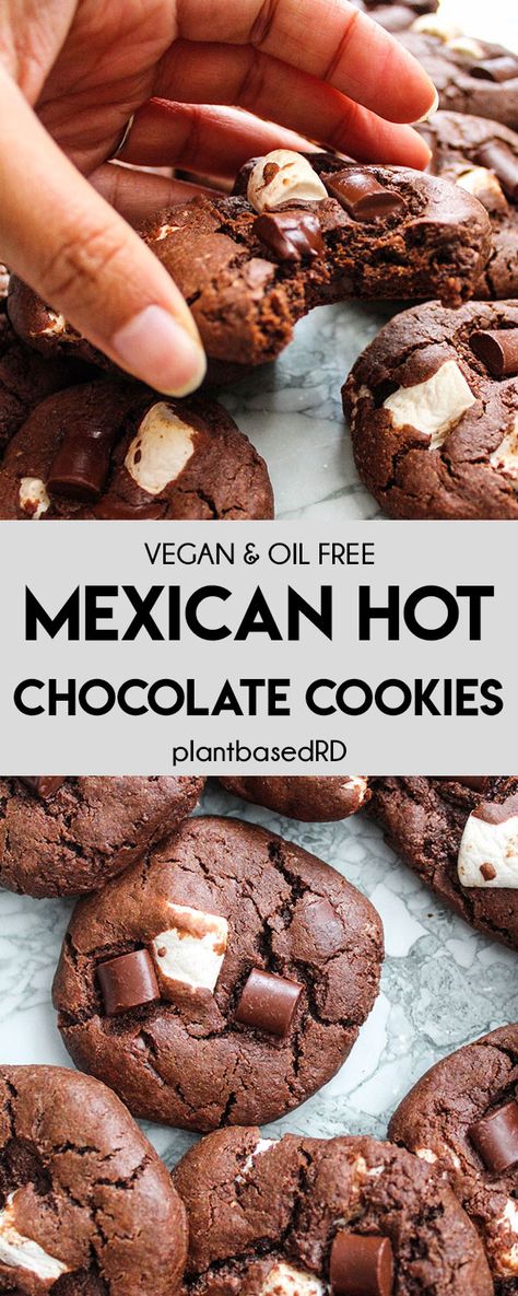 Mexican Hot Chocolate Cookies (vegan & oil free) - Plant Based RD Chocolate Snickerdoodles, Mexican Hot Chocolate Cookies, Vegan Oil Free, Vegan Cookie, Dairy Free Chocolate Chips, Hot Chocolate Cookies, Baking Chocolate, Cookies Vegan, Cocoa Cookies