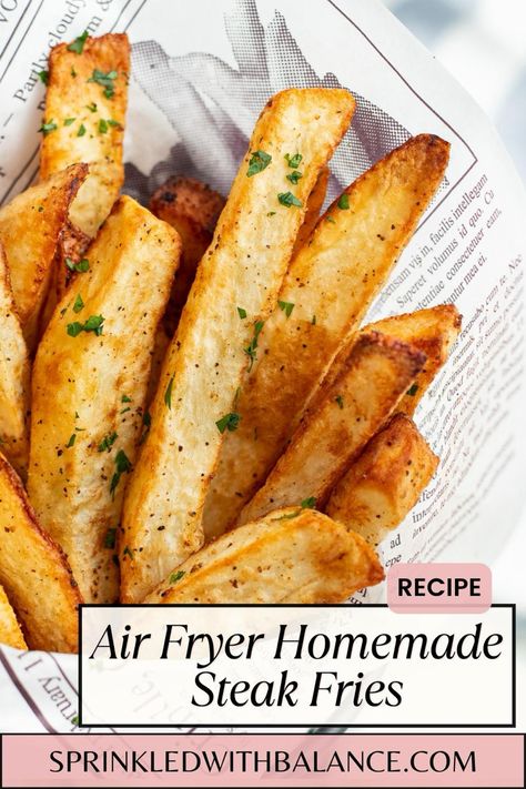 Homemade steak fries cooked in the air fryer. Homemade Steak Fries, Air Fryer Steak Fries, Air Fryer Fries, Fried Steak Recipes, Air Fryer French Fries, New Air Fryer Recipes, Air Fryer Steak, Homemade Fries, Cooks Air Fryer