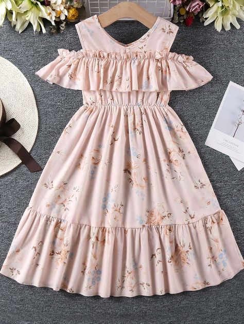 Pink Boho Collar Short Sleeve Polyester Floral A Line Embellished Non-Stretch  Girls Clothing Frock Design Girl, A Line Dress For Kids, Frock Designs For Girl, Floral Dresses For Women, Fancy Short Dresses, Frocks Design, African Dresses For Kids, Flounce Hem Dress