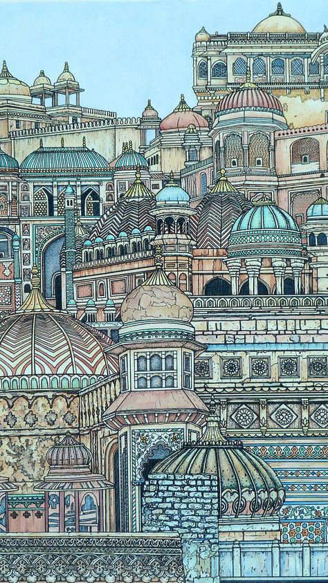 Building Doodles Cityscapes, Indian Building Sketches, Drawings For Art Exhibition, Indian Building Illustration, India Skyline Illustration, Drawing For Exhibition, Doodle Art Indian Culture, Indian City Illustration, Indian Buildings Architecture