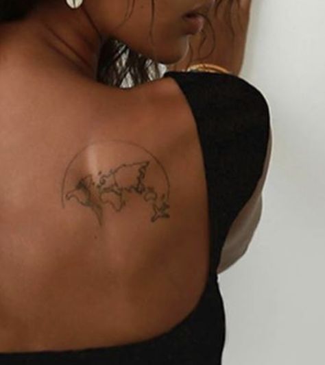 World Map Tattoo Women, Half Globe Tattoo, Fine Line Earth Tattoo, To The Ends Of The Earth Tattoo, Vibey Tattoos, World Tattoos For Women, Travel Tattoos For Women Unique, Earth Tattoo Ideas, Tattoo Ideas Travel