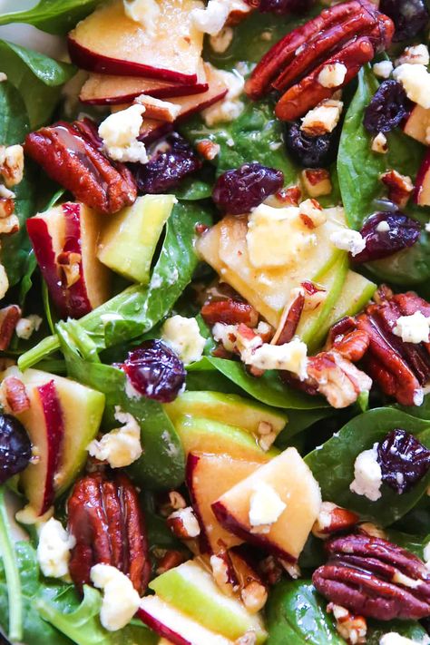 Apple Spinach Salad with Cranberries, Pecans, and Goat Cheese Apple Spinach Salad, Spinach Apple Salad, Salad With Pecans, Cranberry Spinach Salad, Simple Spinach Salad, Christmas Salad Recipes, Apple Salad Recipes, Spinach Salad Recipes, Pecan Salad