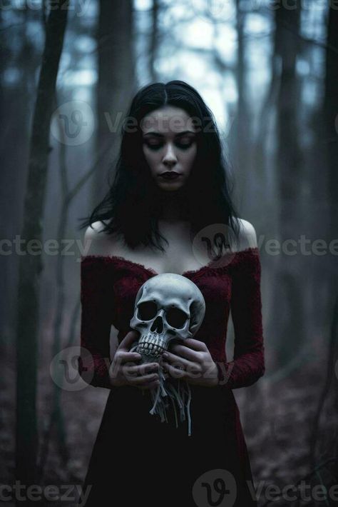 a woman in a red dress holding a skull in the woods generative ai Person Holding Skull Reference, Person Holding Skull, Holding Skull Reference, Woman Holding Skull, Holding Skull, Holding A Skull, Skull Woman, Transfer Art, Skull Reference