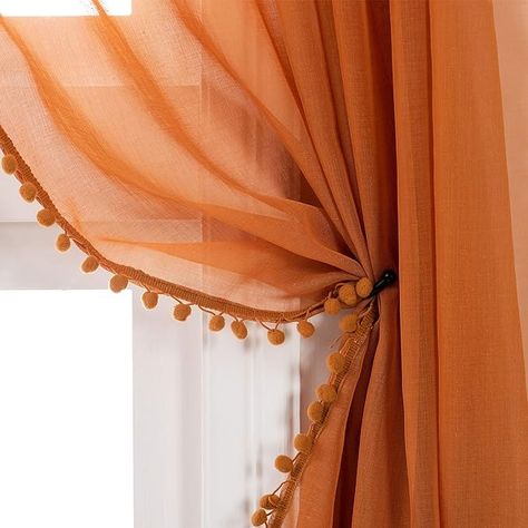 Amazon.com: MISS SELECTEX Linen Look Pom Pom Tasseled Sheer Curtains - Rod Pocket Voile Semi-Sheer Curtains for Living and Bedroom, Set of 2 Curtain Panels (52 x 63 inch, Pumpkin Yellow) : Electronics Nursery Idea, Yellow Curtains, Curtains Bedroom, Curtain Panels, Sheer Curtains, Bedroom Set, Rod Pocket, Curtain Rods, Panel Curtains