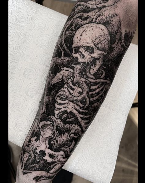 Goth Guy Tattoos, Gothic Black Work Tattoo, Mens Side Tattoos Ribs, Gothic Forearm Tattoos Men, Dark Skeleton Tattoo, Gothic Horror Tattoo, Scary Hand Tattoos, Scary Tattoos For Men, Gothic Forearm Tattoo