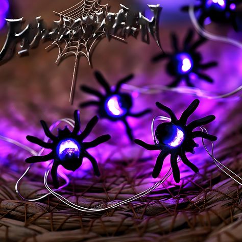 PRICES MAY VARY. [16.5Ft Spider Halloween Lights] The spider copper wire string lights Total length 16.5Ft/5metre with 50LED. Each LED is mixed Little Black Spider and Purple Lights together. So there spiders look very lively, like crawling with purple light at night. [Added Spider Webs] Compared with other Halloween spider string lights, Spider webs are provided to improve the Halloween decoration of spider light string, making spiders more vivid and realistic. [Battery Operated] The purple spi Halloween Lights Indoor, Purple String Lights, Spider Web Halloween Decorations, Black Spiders, Wire Fairy Lights, Purple Lights, Halloween String Lights, Spider Light, Halloween Fairy