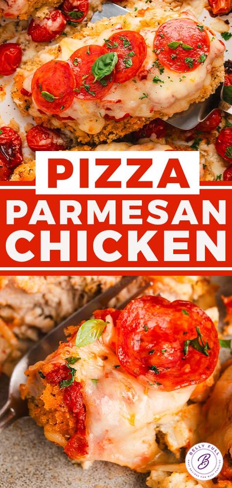 Pizza Parmesan Chicken l Belly Full Pepperoni Chicken Bake, Italian Casseroles, Chicken Parmesan Pizza, Italian Casserole, Breaded Chicken Tenders, Pizza Chicken, Bake Chicken, Yummy Chicken, Parmesan Chicken