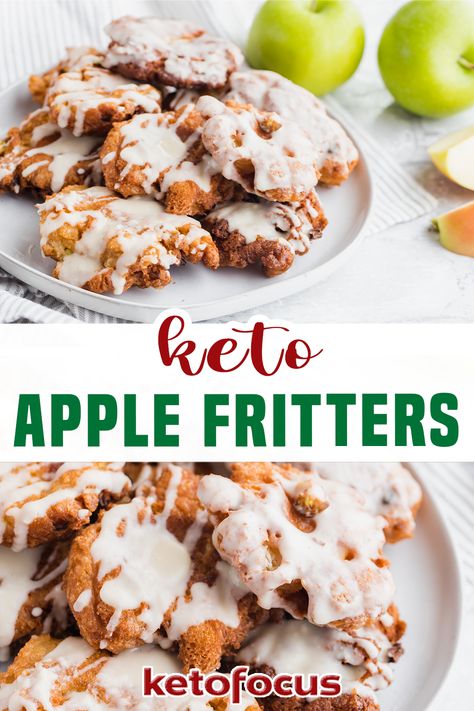 Filled with an apple cinnamon flavor, these keto apple fritters are gluten-free and fried to produce a nice cruchy crust around this sweet, buttery low carb donut. The apple fritter donut is a favorite, classic American donut loved by many and I figured a way to make it very low carb and keto approved! These keto apple fritters are easy to make and it’s unbelievable how much they taste like real apple fritters but without the apples. | ketoFocus @ketofocus #ketofritterrecipe #ketofocus Keto Apple Fritters, Apple Fritter Donut, Keto Danish, Keto Halloween, Apple Fritters Recipe, Low Carb Donut, Bread Keto, Keto Donuts, Food Keto