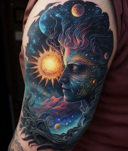 Discover 22 Stunning Space-Themed Tattoos for 2024: Galactic Art for Men and Women Full Color Sleeve Tattoo, Celestial Half Sleeve Tattoo, Galaxy Leg Tattoo, Eye Galaxy Tattoo, Celestial Sleeve Tattoos For Women, Psycadelic Tattoo Art, Universe Tattoo Sleeve, Psycadelic Tattoo Ideas, Cosmic Tattoo Galaxies