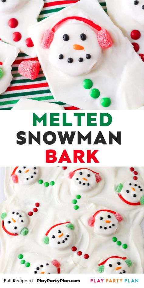 This fun melted snowman bark is the cutest Christmas recipe! It's the perfect Christmas treat! Snowman Bark, Healthy Chocolate Snacks, Best Chocolate Desserts, Melted Snowman, Grinch Party, Candy Bark, Kids Cooking Recipes, Winter Treats, Christmas Recipe