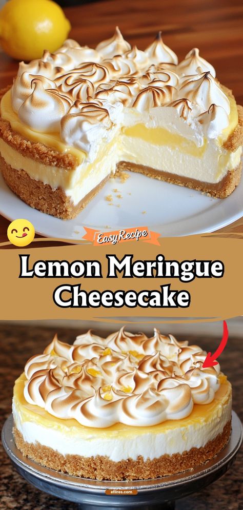 Experience the bright and bold flavors of Lemon Meringue Cheesecake, where zesty lemon meets smooth cheesecake under a fluffy meringue topping. It’s a refreshing twist on two classic desserts. #LemonCheesecake #Meringue #SweetTreats Mini Lemon Meringue Cheesecakes, Copycat Cheesecake Factory Lemon Meringue Cheesecake, Lemon Swirl Cheesecake, Hello Dessert Recipes, Best Lemon Dessert Recipes, Traditional Cheesecake Recipes, Lemon Dessert Ideas, Lemon Mirage Pie, Lemon Curd Cheesecake Recipe