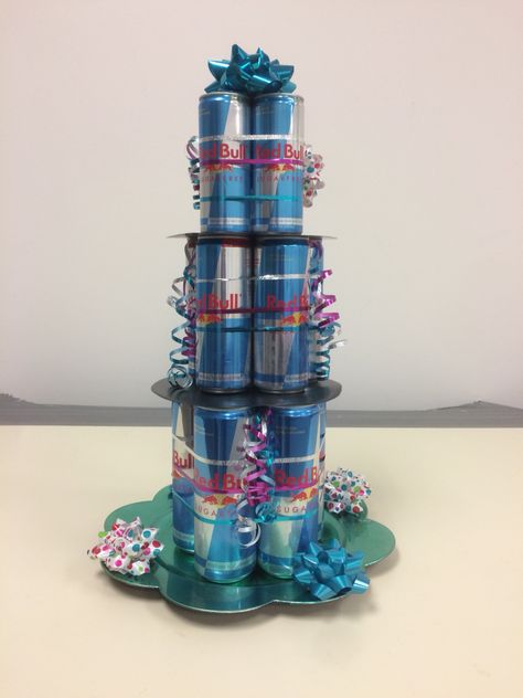 Red Bull birthday cake Bull Birthday Cake, Red Bull Cake, Booze Bouquet, Red Bull Drinks, Birthday Cake Gift, Drink Display, Signature Ideas, Birthday Fun, Birthday Cake Toppers