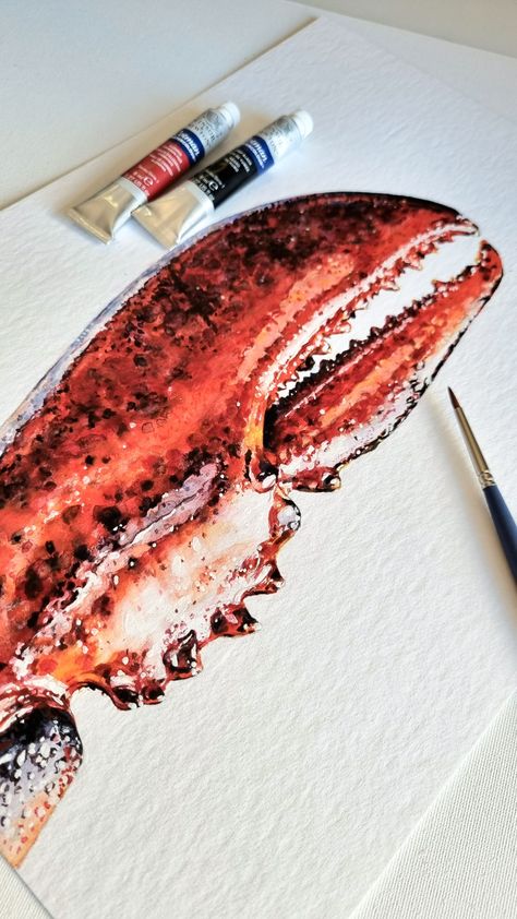 Painting of a lobster claw, using watercolor on paper. Food art, luxury item Lobster Watercolor, Lobster Painting, Watercolors Ideas, Igcse Art, Paint Inspo, Paper Food, Sketchbook Inspo, Water Sea, Watercolor Projects