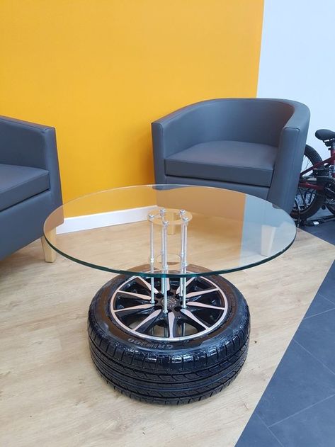 Car Part Upcycle, Wheel Coffee Table, Party Rental Ideas, Tire Table, Tire Furniture, Tire Art, Lobby Decor, Bicycle Decor, Car Part Furniture