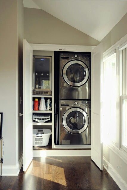 extra laundry upstairs in a closet Hidden Laundry, Aesthetic Bathroom, Laundry Closet, Small Laundry Rooms, Small Laundry Room, Small Laundry, Modern Backyard, Laundry Room Storage, Laundry Mud Room