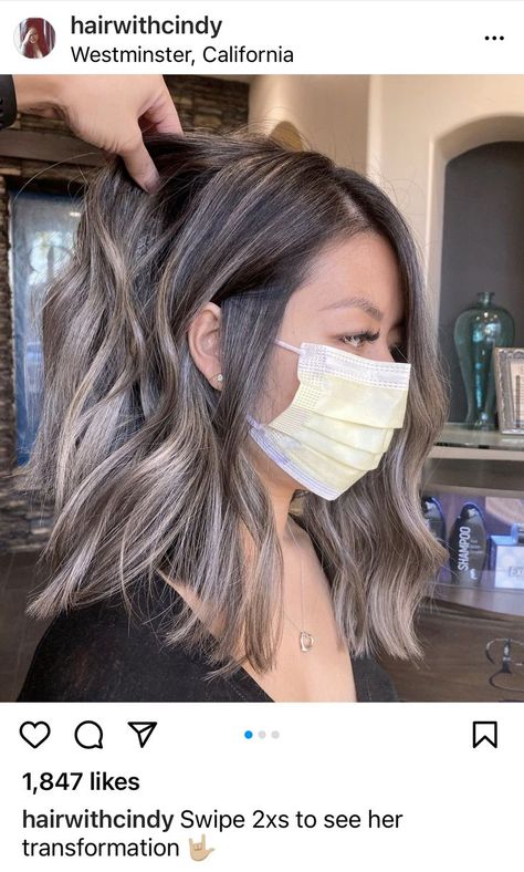 Asian Blonde To Brown, Hair Color Idea For Asian, Grey Brunette Hair Balayage, Short Hair Balayage Ash Blonde, Blonde Highlights For Asian Hair, Blonde Foilayage Hair With Shadow Root, Ombre Hair Color Grey Ash Brown, Grey Baylage Hair Ash Blonde, Ash Blonde Highlights Asian Hair