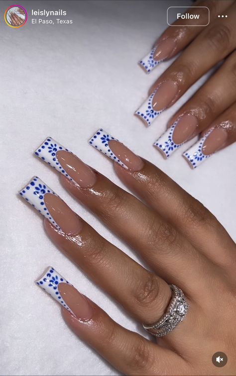 Cute Nails Acrylic Blue And White, Royal Blue With White Nails, Nail Inspo Mexico, Dominican Republic Nail Designs, Don Julio Nails, Mexico Nails Vacations The Beach, Blue Nails Vacation, Nail Ideas For Mexico Vacation, White French Tip Nails With Blue Design