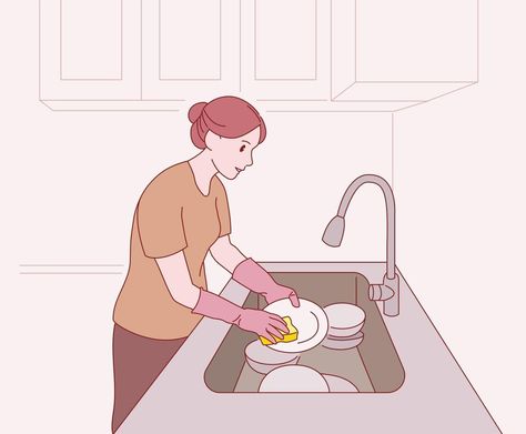 A woman is washing the dishes. Hand drawn style vector design illustrations. Washing The Dishes, Design Illustrations, Cityscape Photos, Logo Banners, Washing Dishes, Marketing Design, Custom Illustration, Custom Branding, Custom Packaging