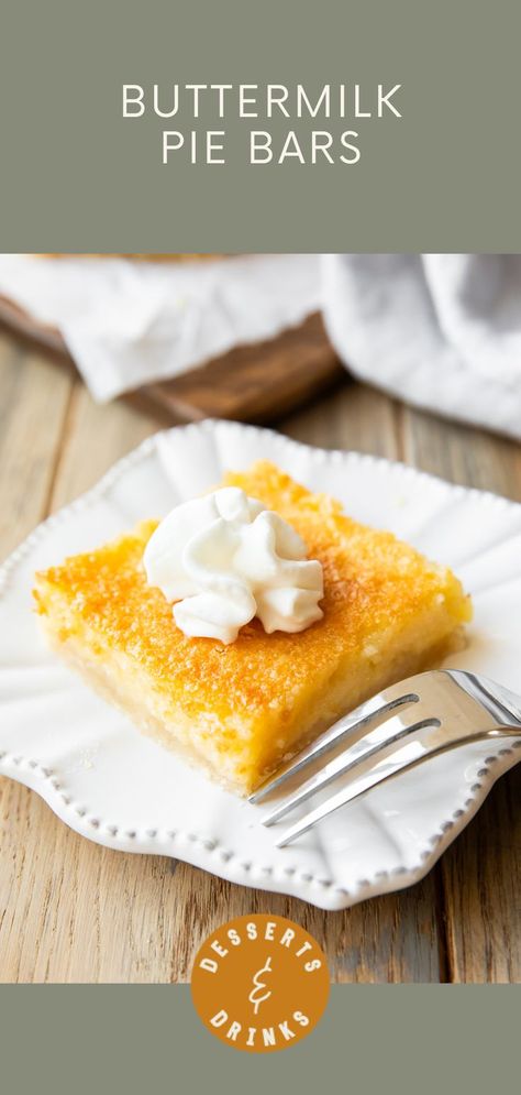 Buttermilk pie bar served on a white plate. Buttermilk Pie Bars, Pie Bars Recipe, Easy Bar, Buttermilk Pie, Pie Bar Recipes, Types Of Desserts, Serving Bar, Pie Bars, Custard Filling