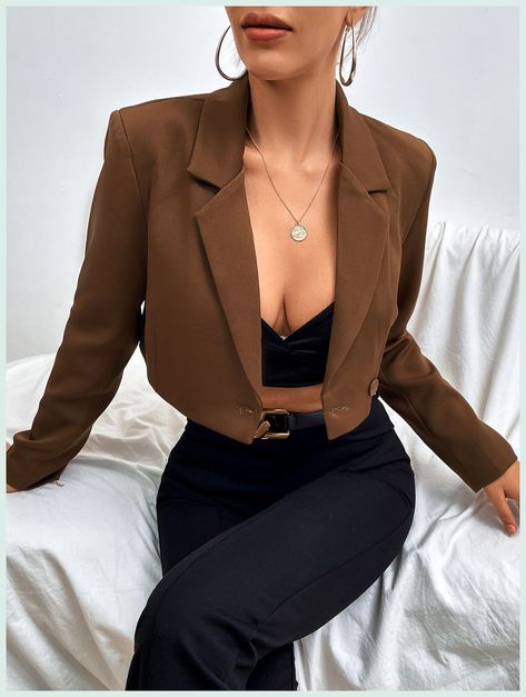 [Sponsored] Coffee Brown Elegant Collar Long Sleeve Fabric Plain Regular Embellished Non-Stretch Women Suits #cropblazeroutfitsforwomen Crop Blazer Outfits For Women, Crop Blazer Outfit, Brown Blazer Outfit, Tight Dress Outfit, Blazer Outfits For Women, Women Suits, Outfit Mujer, Special Clothes, Crop Blazer