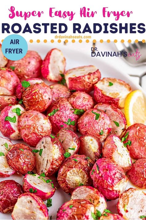 My Air Fryer Radishes recipe is a delicious way to enjoy roasted radishes without the oven. Perfect for busy weeknights, this easy faux potato side dish comes together with simple ingredients in less than 20 minutes. Pair these air fryer roasted radishes with your favorite main dishes to make a meal. #recipes #ketorecipes #sidedishrecipes #vegetables #lowcarb Loaded Radishes, Air Fryer Radishes, Roasted Radish, Roasted Radishes Recipe, Keto Veggie Recipes, Radish Recipe, Potato Side Dish, Chicken Breakfast, Roasted Radishes