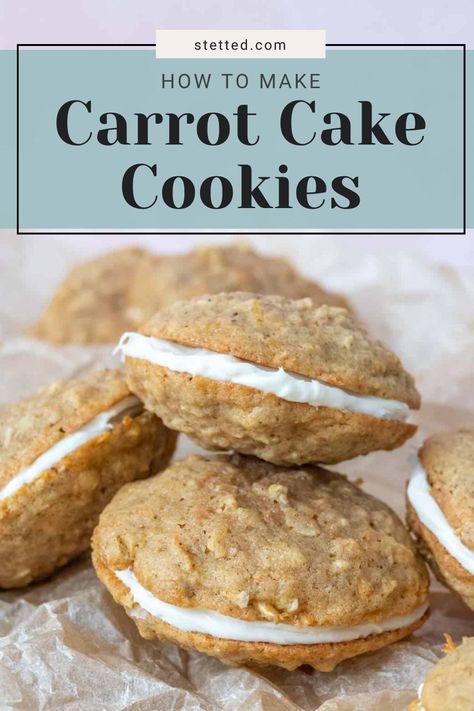 Filled with cream cheese frosting, these carrot cake cookies are soft and lightly sweet. They taste just like carrot cake! Carrot Cake Cookies With Cream Cheese Frosting, Carrot Cake Cookies Stuffed With Cream Cheese, Carrot Cake Cheesecake Cookies, Carrot Cake Cookies With Cream Cheese, Carrot Cake Whoopie Pies, Cake Whoopie Pies, Carrot Cake Cookie, Carrot Cake Sandwich Cookies, Carrot Cake Cookies Recipe