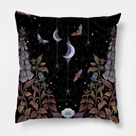 Witch Garden - Witchy - Pillow | TeePublic Moon Bedroom Ideas, Whimsigoth House, Starry Room, Forest Bedroom Decor, Witchy Plants, Witchy Room Aesthetic, Book Shelf Ideas, Witch Pillow, Night Moth