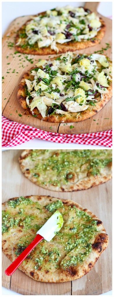 Chicken Pesto Artichoke Naan Pizza...Less than 30 minutes! 290 calories and 7 Weight Watchers PP | cookincanuck.com #recipe Naan Pizza Recipes, Artichoke Pizza, Naan Pizza, Chicken Pesto, Pesto Pizza, Chicken Chick, Za Atar, Salad Pasta, Cauliflower Crust