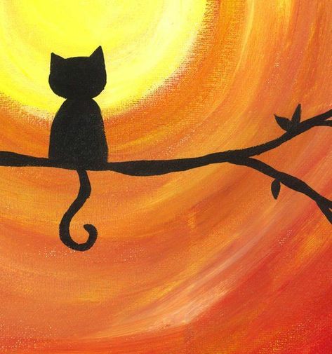 Silhouette Sunset, Sunset Art, Cat Silhouette, A Cat, Painting Ideas, Acrylic Painting, Kitty, Art Print, Sun