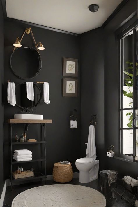 home decorating,home interior,home decor interior design,interior bedroom design Dark Grey Walls Bathroom, Black Fox Accent Wall, Dark Grey Bathroom Walls, Modern Bathroom Paint Ideas, Grey Bathroom Walls, Dark Bathroom Paint Colors, Half Bath Paint Colors, Black Fox Sherwin Williams, Dark Esthetics