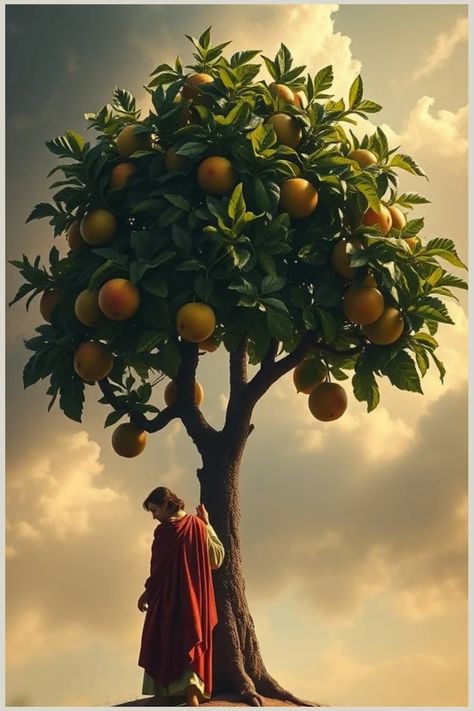 A person standing pensively under a fruit-laden tree against a cloudy sky. Prophetic Art Revelation, Prophetic Art Jesus, Prophetic Art Worship, The Last Judgment, Jesus Calms The Storm, Garden Of Gethsemane, The Lost Sheep, Calming The Storm, Christian Images