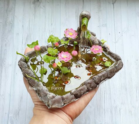 Resin Pond Diy, Mini Koi Pond, Miniature Aesthetic, Clay Pond, Resin Pond, Miniature Aquarium, Teacup Gardens, Resin Miniatures, Diy Garden Fountains