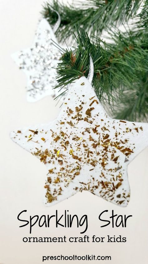 Sparkling star ornament craft for kids - Preschool Toolkit Star Ornaments For Kids, Star Crafts For Kids, Preschool Christmas Ornaments, Christmas Star Crafts, Christmas Kidscrafts, Star Crafts, Crafts For Kids Preschool, Christmas Sunday School, Prek Crafts