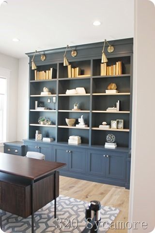 Off Black- Farrow and Ball Built In Bookcases, Modern Coastal Farmhouse, Built In Bookshelves, Office Bookshelves, Office Built Ins, Built In Shelves Living Room, Living Room Built Ins, Blue Office, Home Library Design