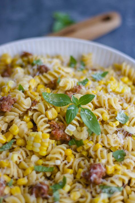 Creamy Rotini Pasta with Sweet Corn and Sausage Corn And Pasta Recipe, Pasta And Corn Recipes, Whole Wheat Rotini Pasta Recipes, Rotini Noodle Recipes, Recipes With Rotini Noodles, Corn And Pasta, Corn And Sausage, Pasta With Corn, Rotini Pasta Recipes