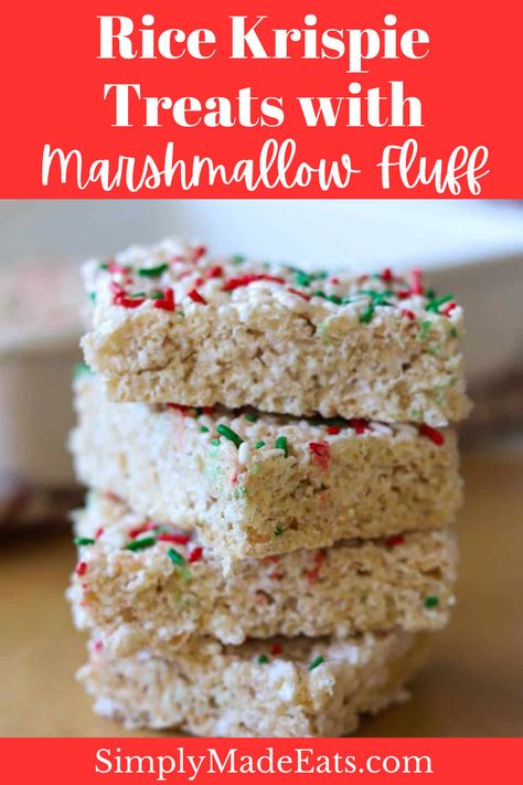 Marshmallow fluff rice krispie treats stacked on parchment paper. Rice Crispy Treats Christmas, Easy Christmas Treat, Krispie Treats Christmas, Chocolate Covered Pecans, Rice Krispie Treats Christmas, Chocolate Rice Krispies, Easy Holiday Treats, Yummy Christmas Treats, No Bake Recipe