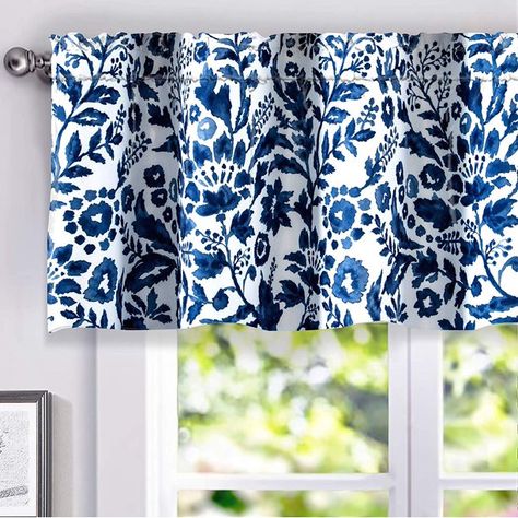 DriftAway Julia Sketch Lined Blackout Window Curtain Valance, Single, Rod Pocket, 52"x18"+2“Header Navy - Walmart.com Thermal Window Treatments, Valances For Living Room, Tie Up Curtains, Country Curtains, Watercolor Floral Pattern, Curtain Valance, Blue Kitchen, Window Insulation, Window Valance